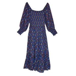Oliphant Smocked Top Balloon Sleeve Tiered Cotton Midi Dress Blue Floral Print M